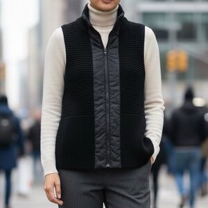 EILEEN Fisher Black Ribbed Merino Zip Front Vest w/ Nylon Parks Trim Size XS